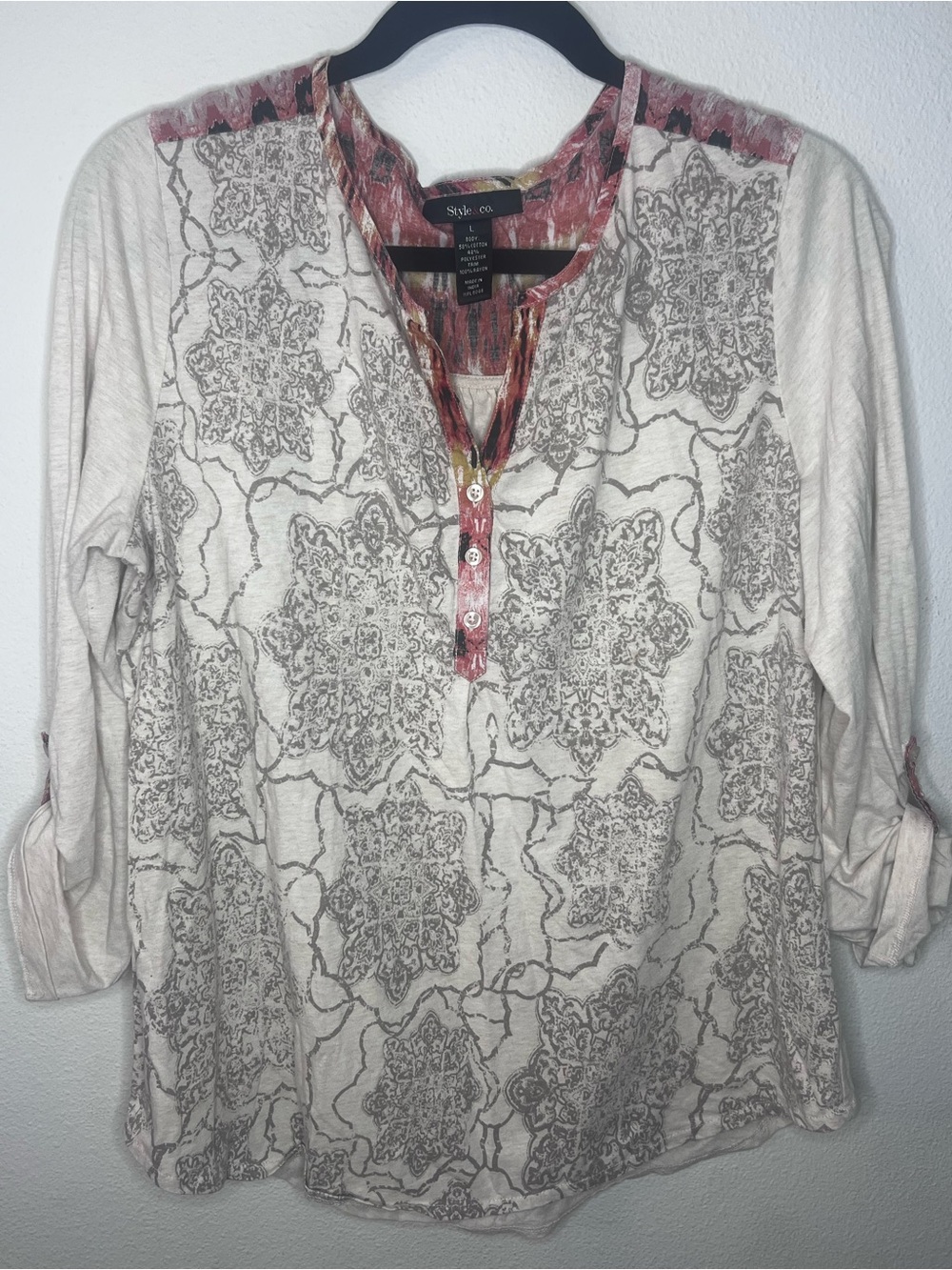 Style & Co. Cream Henley Tunic with Pink Trim-98